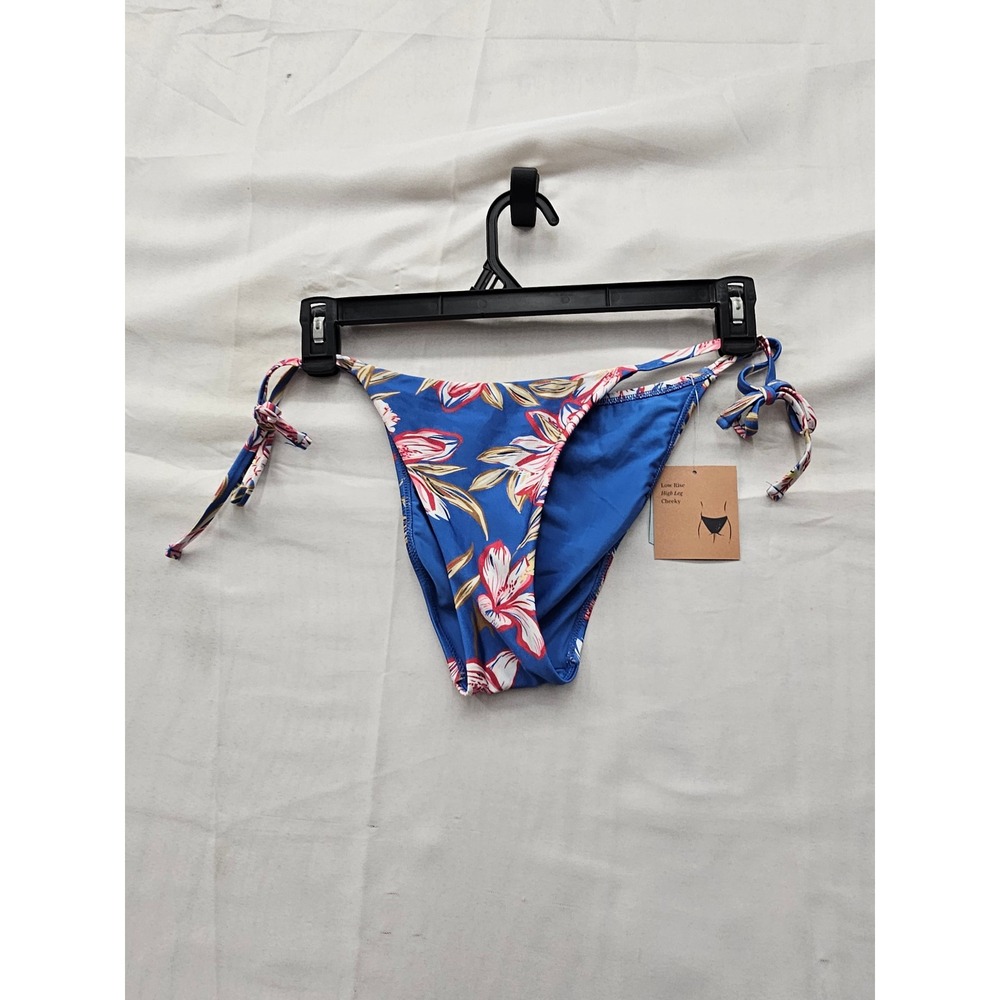 Shade & Shore Womens Floral Side Tie Bikini Bottoms Blue Nylon Blend Size Small